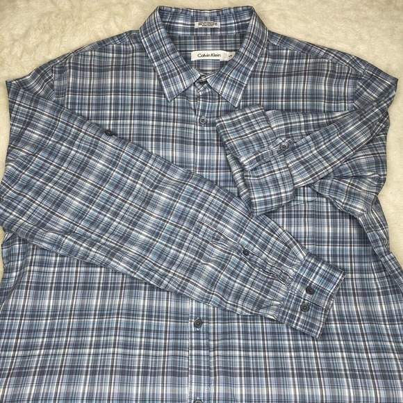 Calvin Klein Men's Blue White Plaid 100% Cotton Long Sleeve Button Up Shirt - Picture 4 of 10